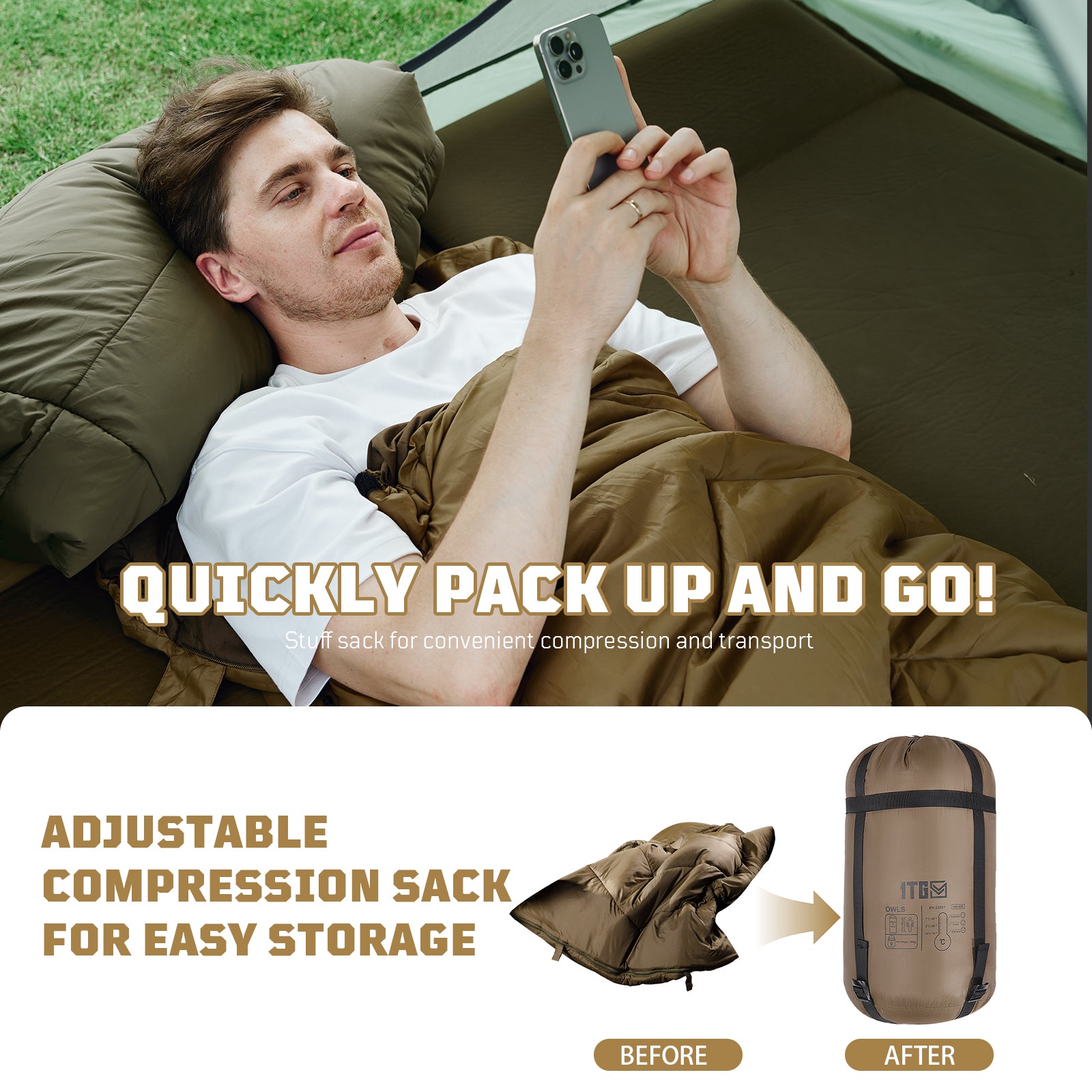 1TG Tactical Warm Weather Sleeping Bag for Camping, 36℉ to 45℉ Backpacking Sleeping Bags for Adults with Compression Sack for Camping, Hiking, Hunting and Outdoor Travel